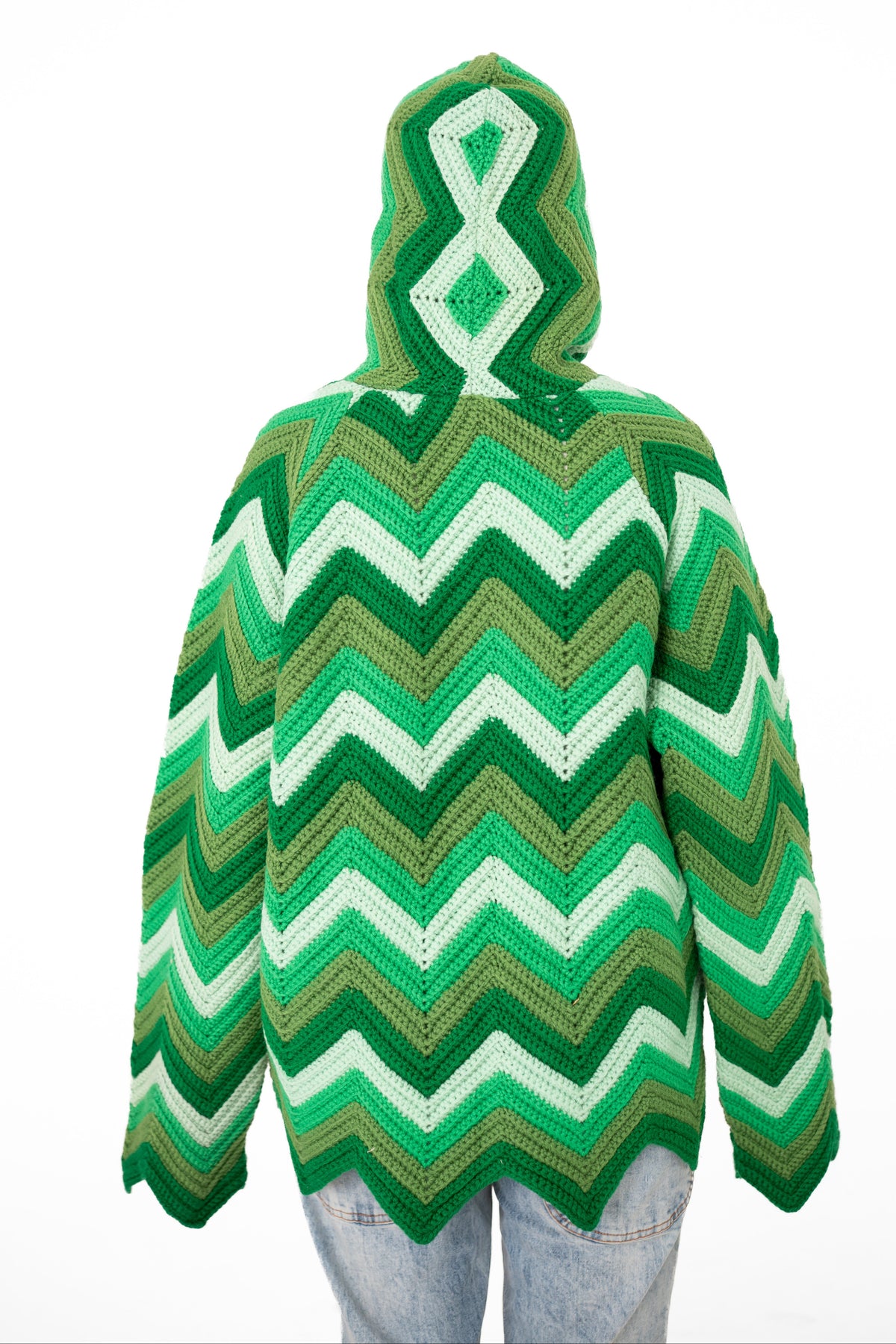Green Light crochet hoodie, back of hood showing chevron stitch pattern – POSHERI