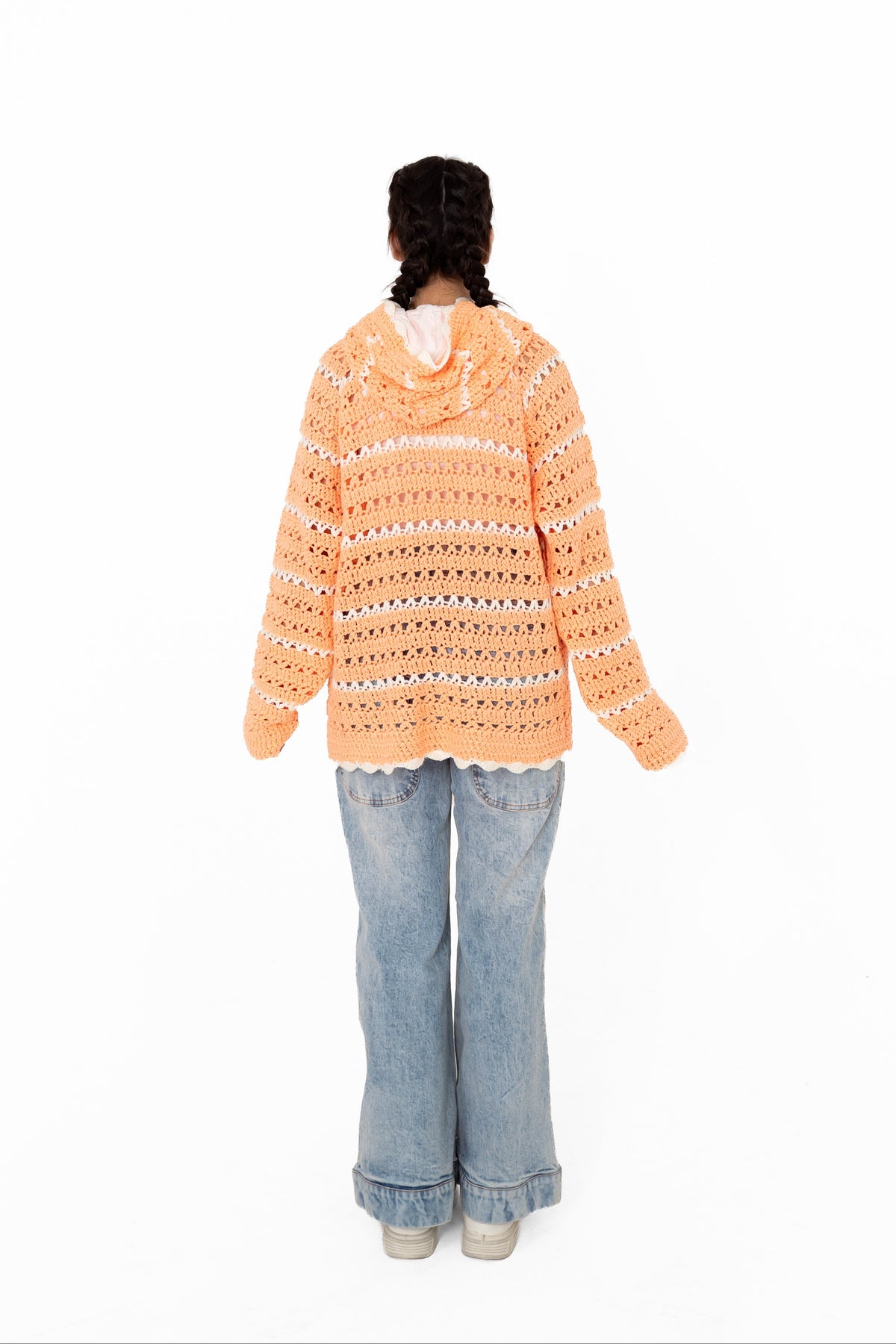 Peach Please peach openwork crochet hoodie, back view showing hood and scalloped hem – POSHERI Loop de Loop