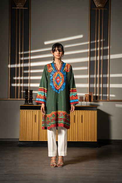Green Fable printed kurta with vibrant placement print and contrasting borders by Posheri