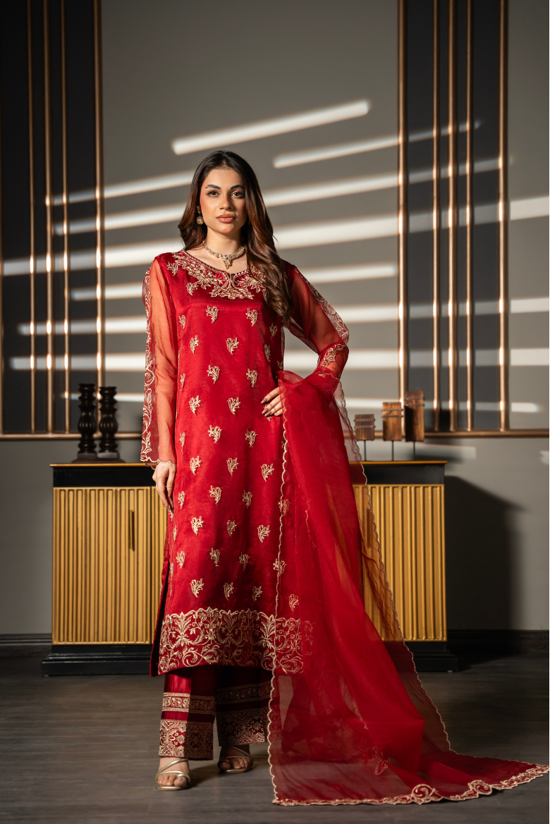Crimson Grace red embroidered 3-piece suit with gold detailing and organza dupatta by Posheri