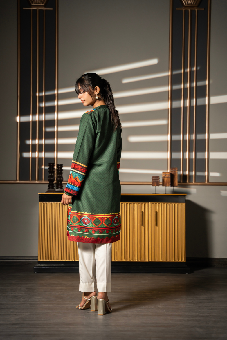 Back view of Green Fable printed kurta with contrasting hem and sleeve borders by Posheri