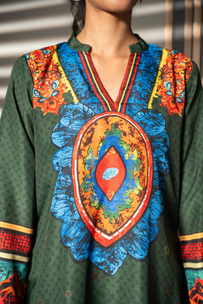 Close-up of Green Fable kurta showing the vibrant statement placement print and notched V-neck by Posheri
