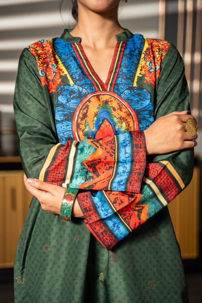Close-up of Green Fable kurta showing the printed sleeves, cuffs and vibrant placement print by Posheri