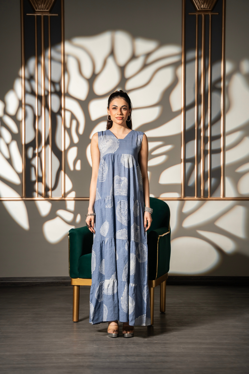 Mist Tier Dress blue printed chambray tiered maxi dress with sleeveless design, front view
