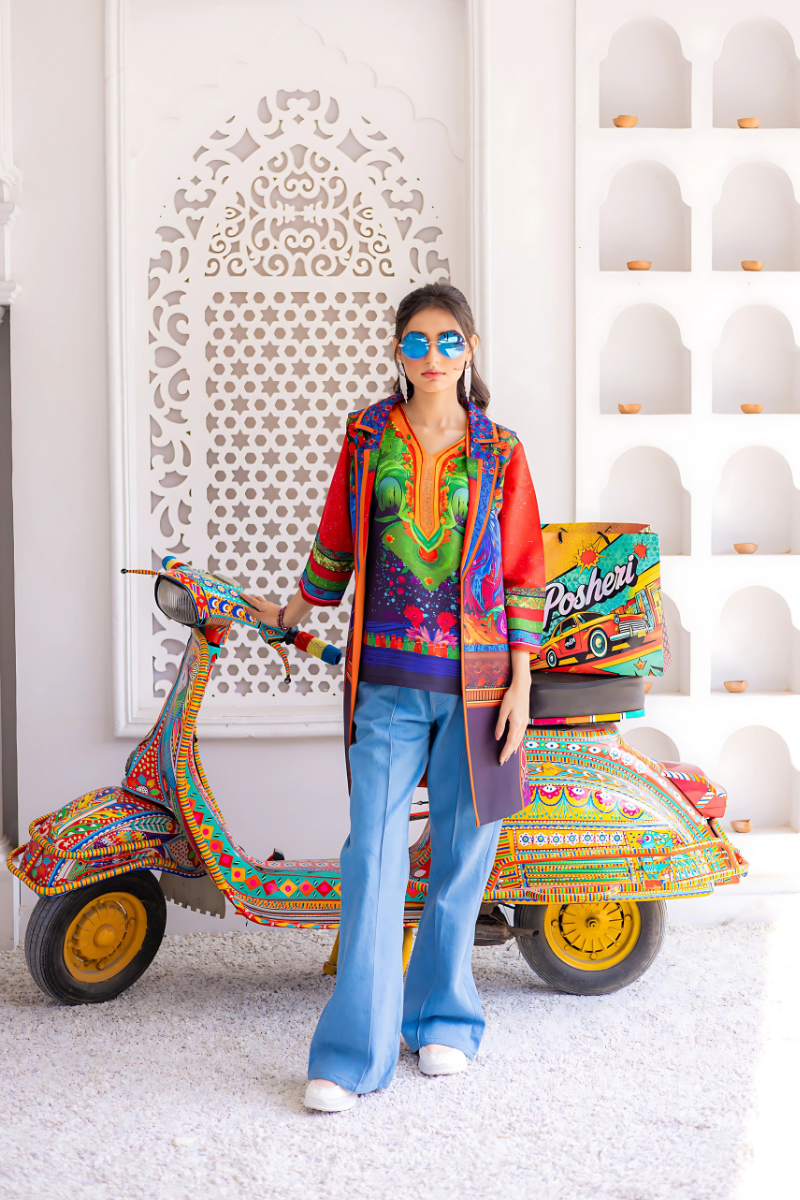Jugni Flash by Posheri, 2-piece printed lawn shirt with open-front gown – photo 1 of 5