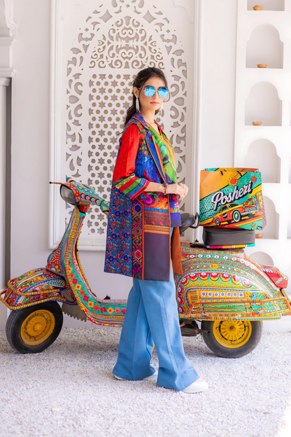Jugni Flash vibrant printed two-piece lawn outfit with layered open-front gown and blue jeans, full-length front view