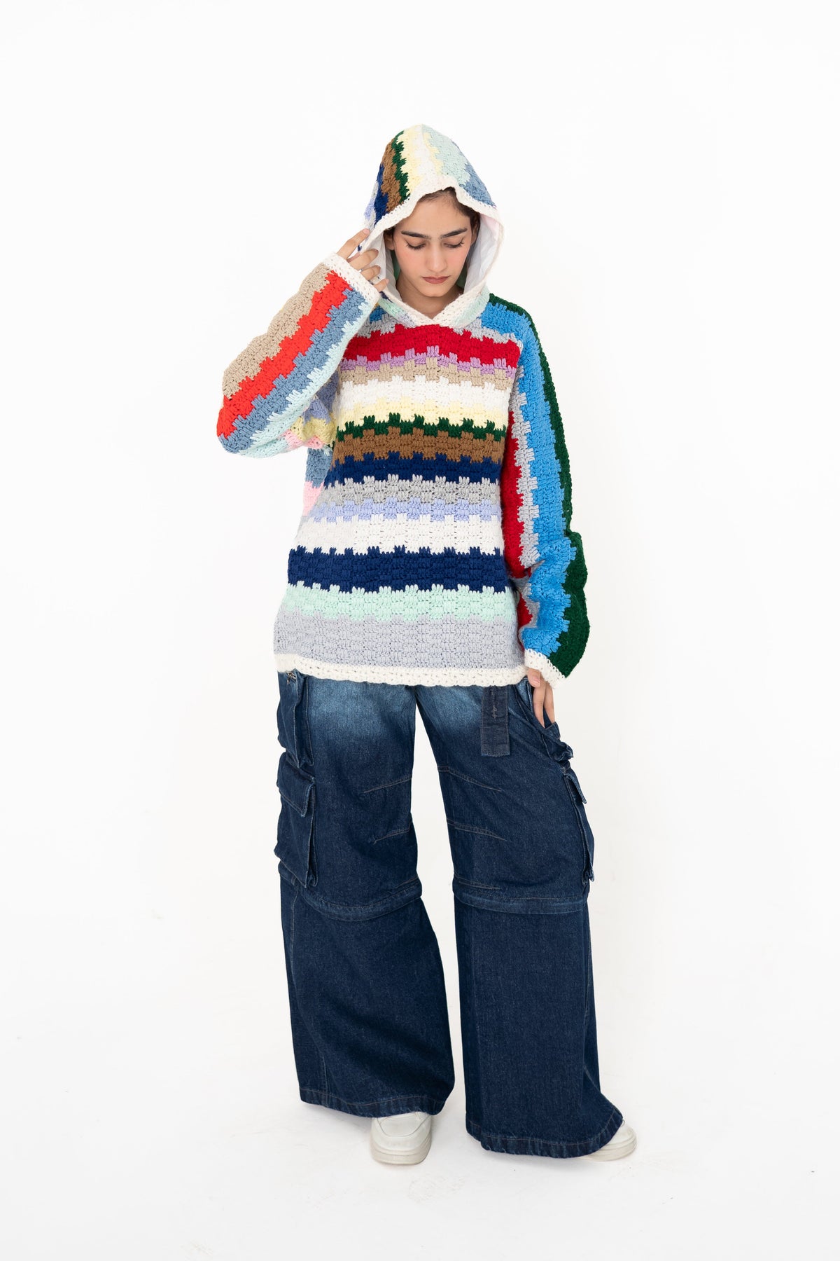 Colour Out Loud multicolour crochet hoodie worn with the striped hood up, front view