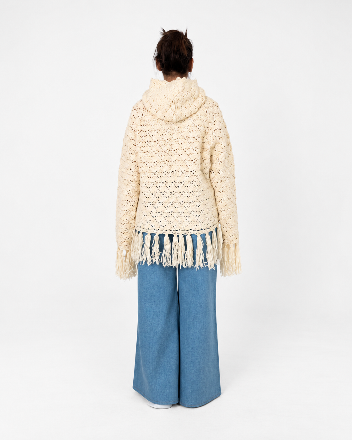 Fringe Benefits ivory crochet hoodie, back view showing the hood, openwork stitch and fringed hem