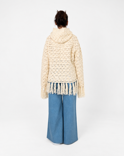 Fringe Benefits ivory crochet hoodie, back view showing the hood, openwork stitch and fringed hem