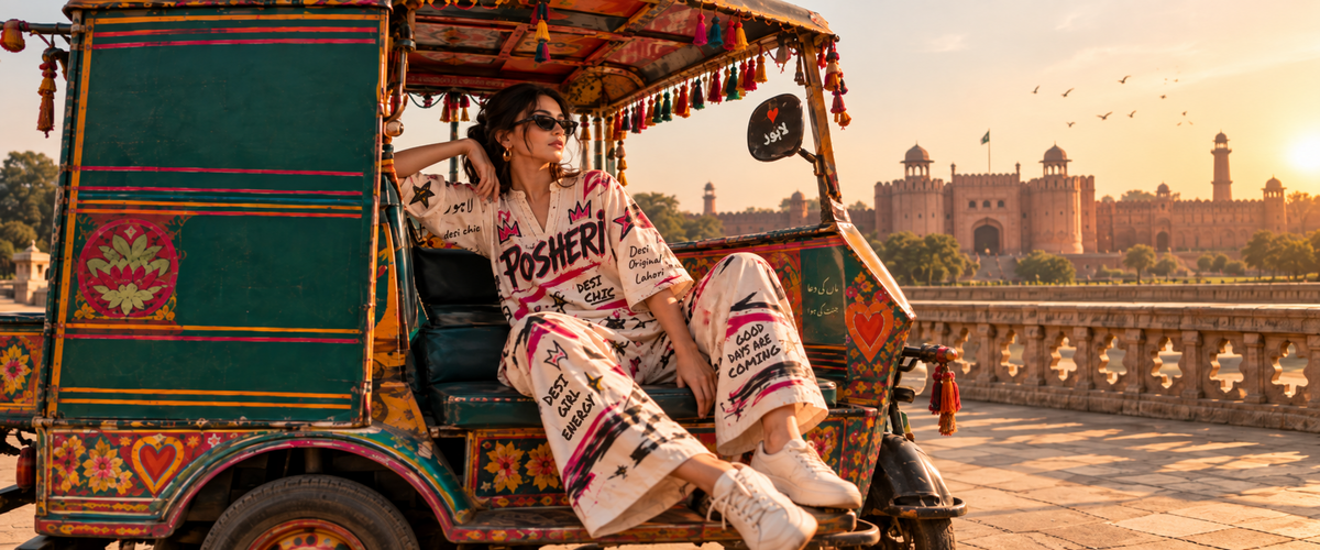 Woman in a POSHERI graffiti-print co-ord set sitting in a painted rickshaw in front of Lahore Fort