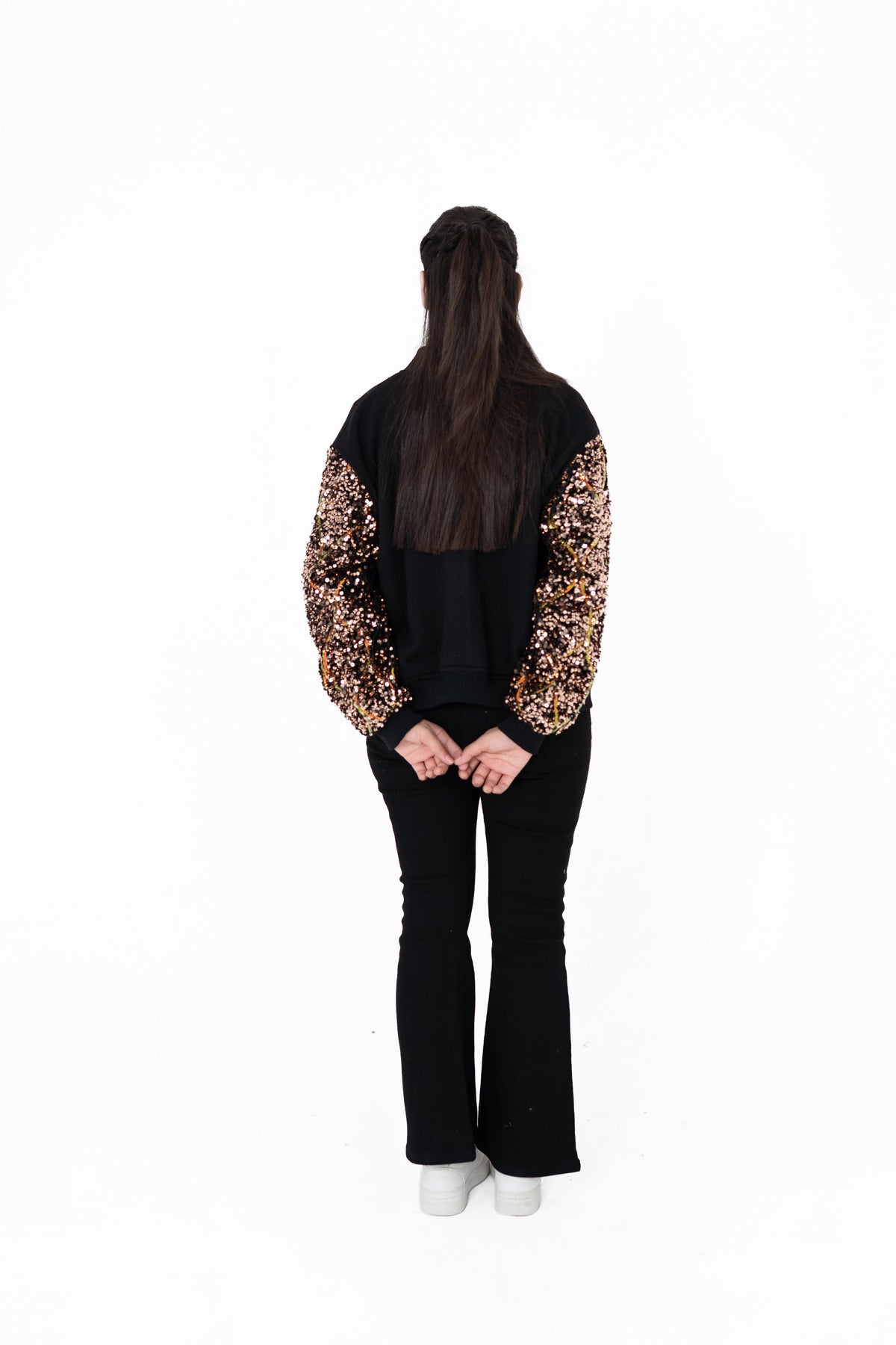 Gilt Trip black and gold sequinned varsity jacket, back view – POSHERI Outer Control