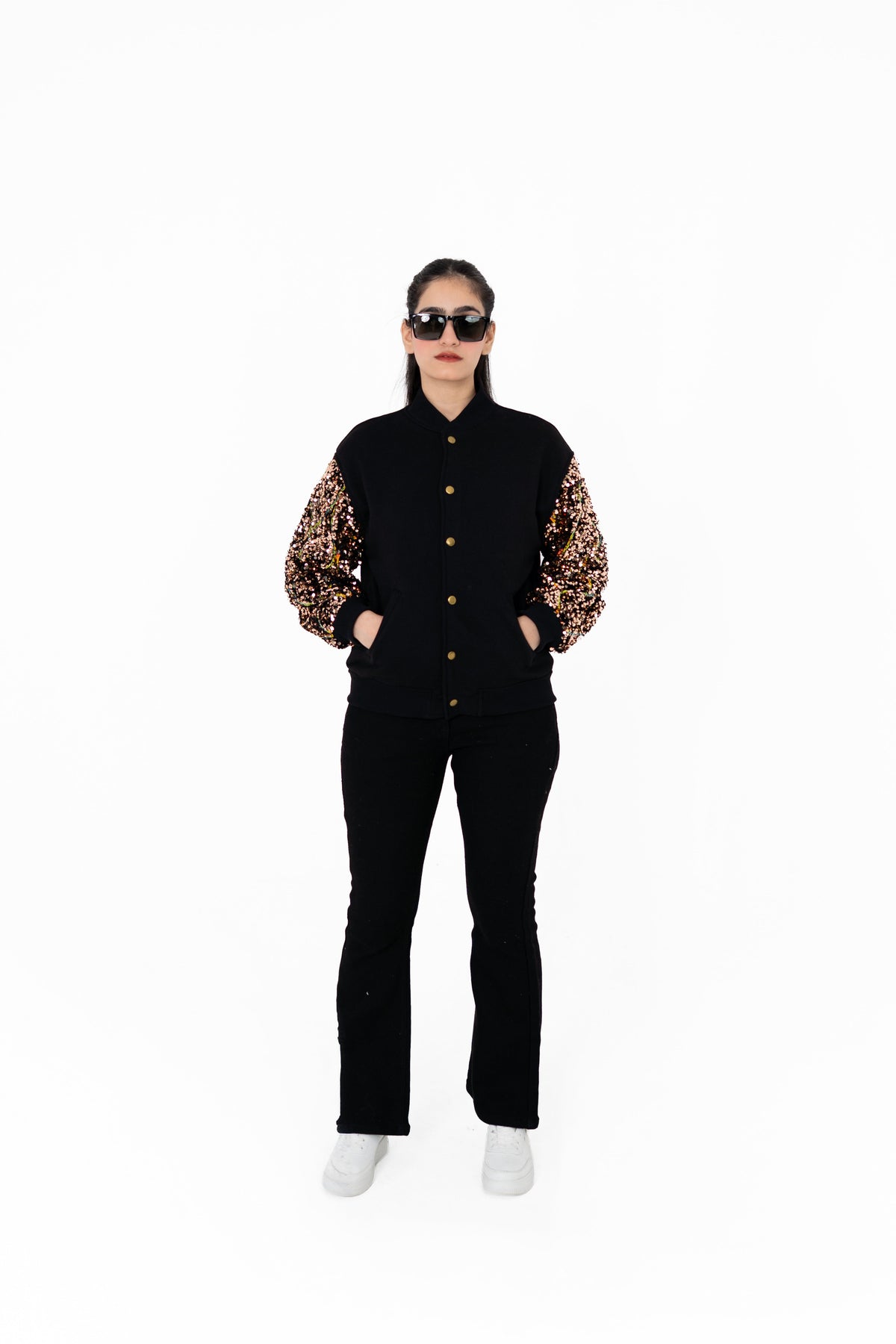 Gilt Trip black varsity jacket with bronze-gold sequinned sleeves, front view – POSHERI Outer Control