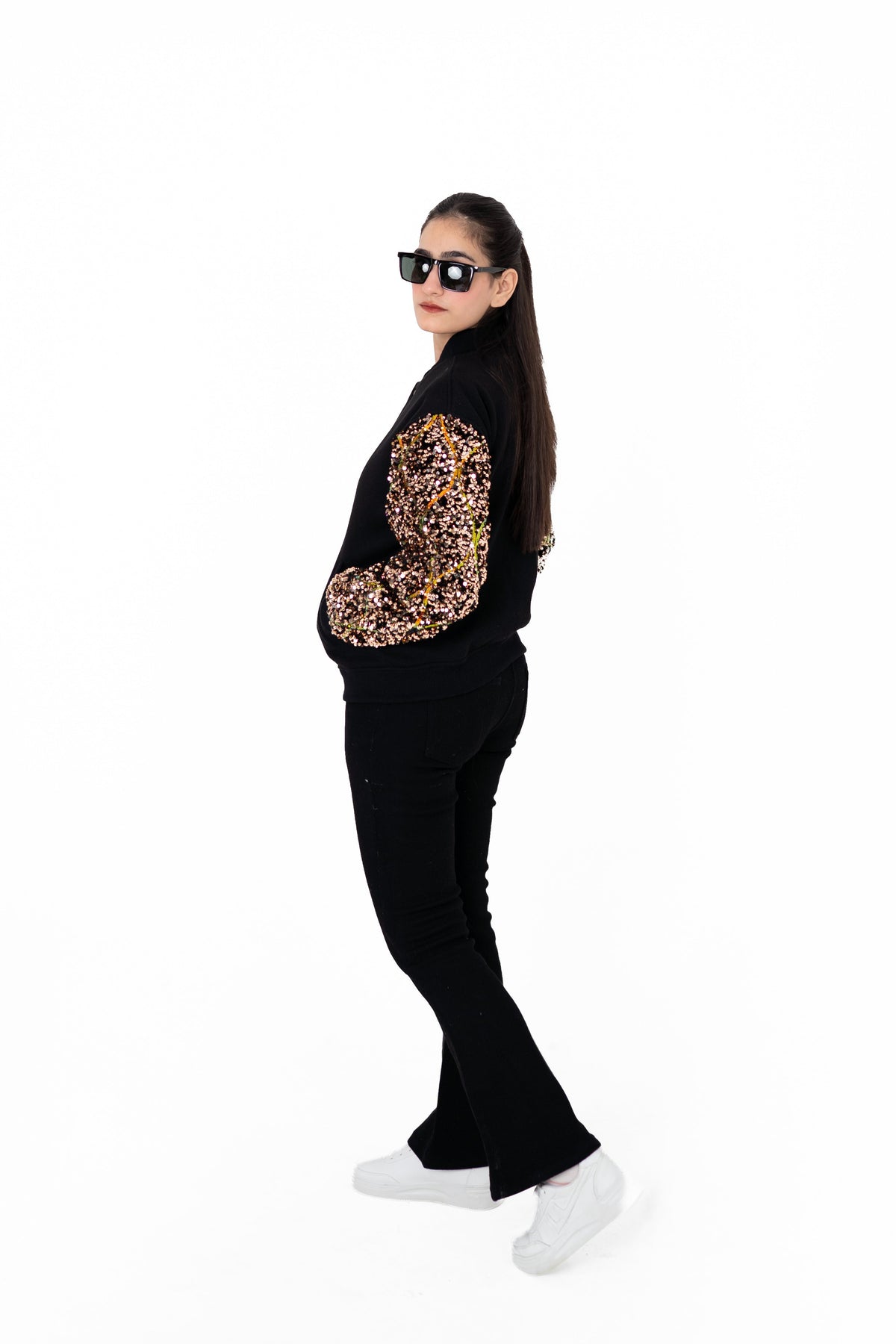 Gilt Trip sequinned varsity jacket, three-quarter side view with hand in pocket – POSHERI