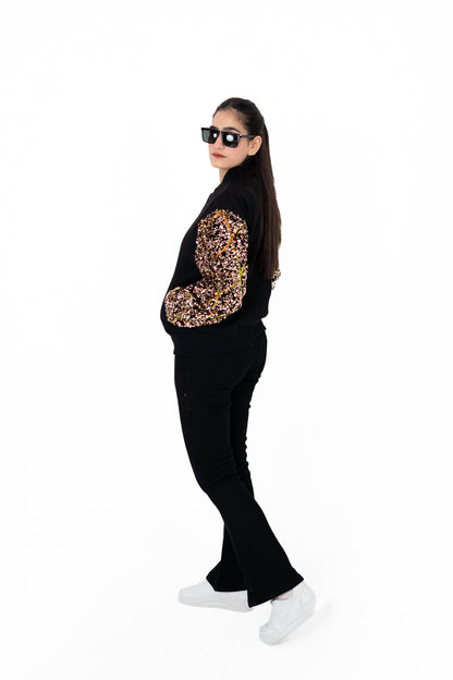 Gilt Trip sequinned varsity jacket, three-quarter side view with hand in pocket – POSHERI