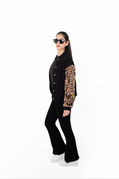 Gilt Trip black and gold sequinned varsity jacket, side view – POSHERI Outer Control