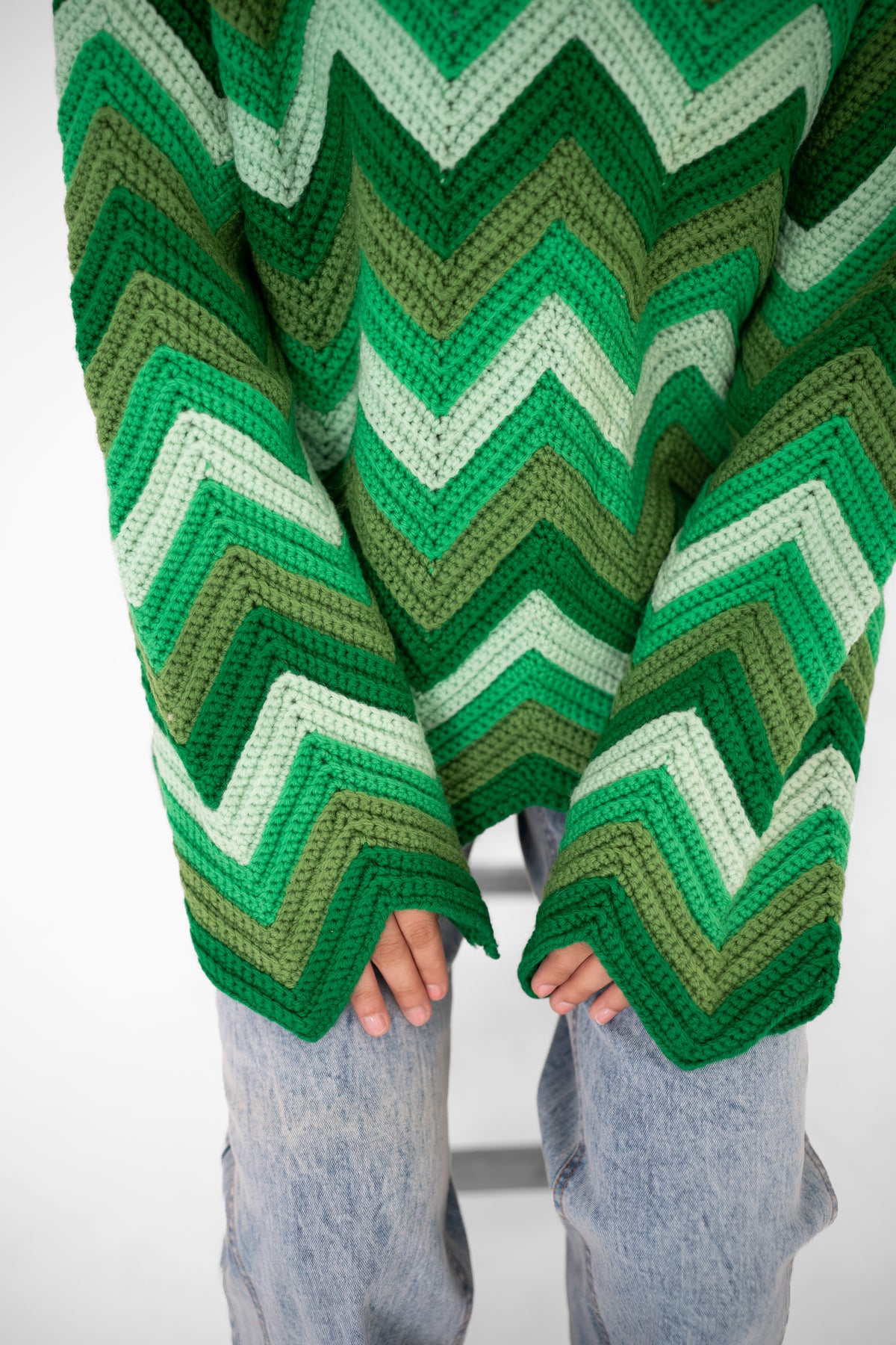 Close-up of Green Light handmade chevron crochet in emerald, mint, olive and soft ivory – POSHERI