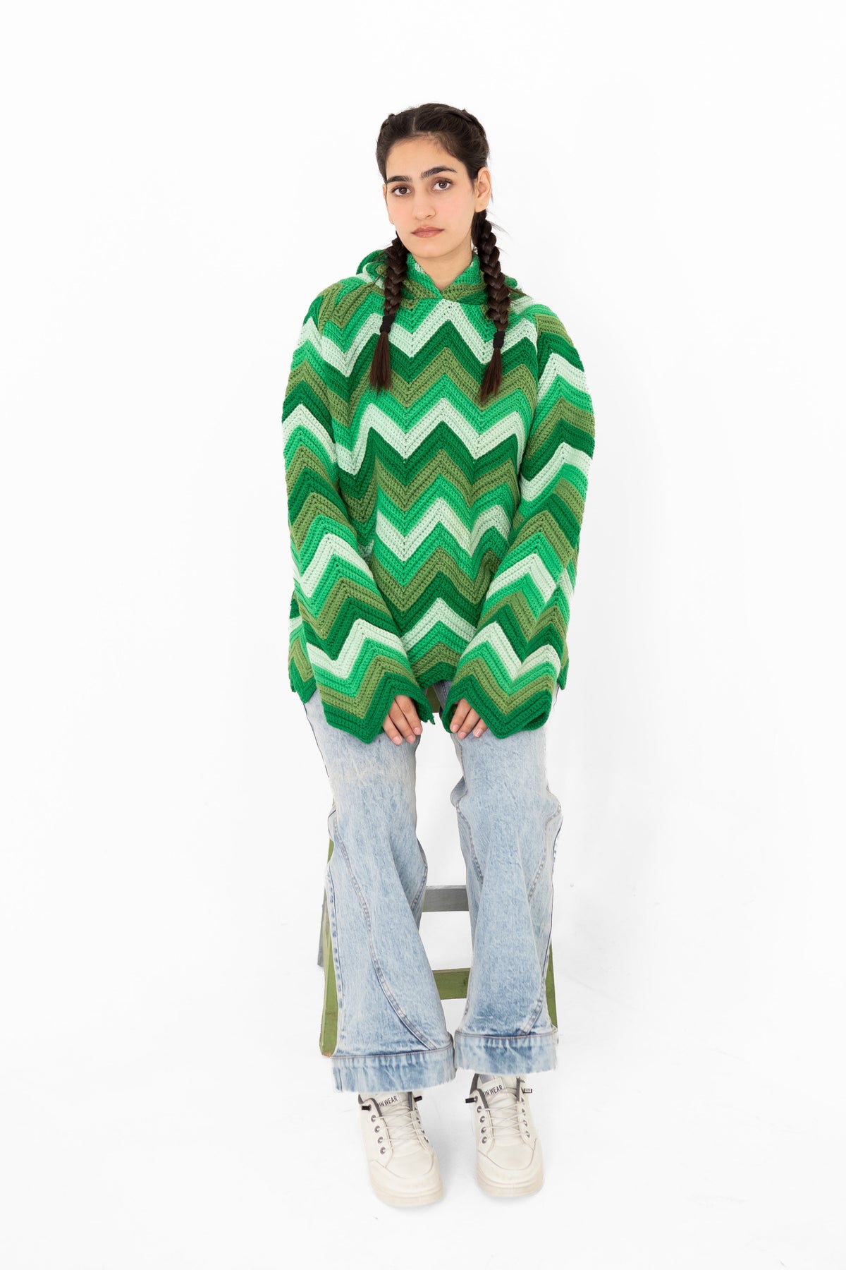 Green Light green chevron handmade crochet hoodie in emerald, mint and olive, front view – POSHERI Loop de Loop
