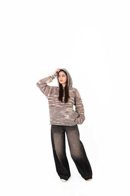 Grey Area handmade grey and cream crochet hoodie, front view with hood up – POSHERI Loop de Loop