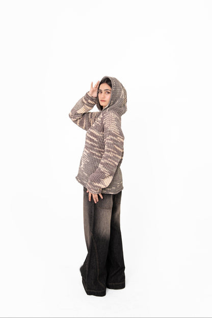 Grey Area grey textured crochet hoodie, side view with hood up – POSHERI