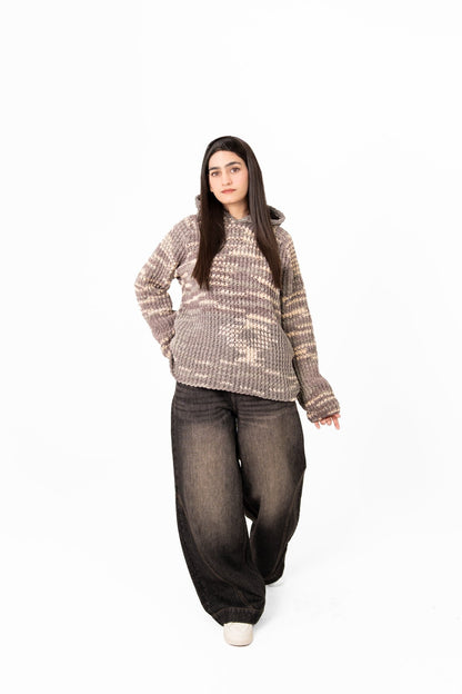 Grey Area grey textured crochet hoodie styled with wide-leg jeans, front view – POSHERI