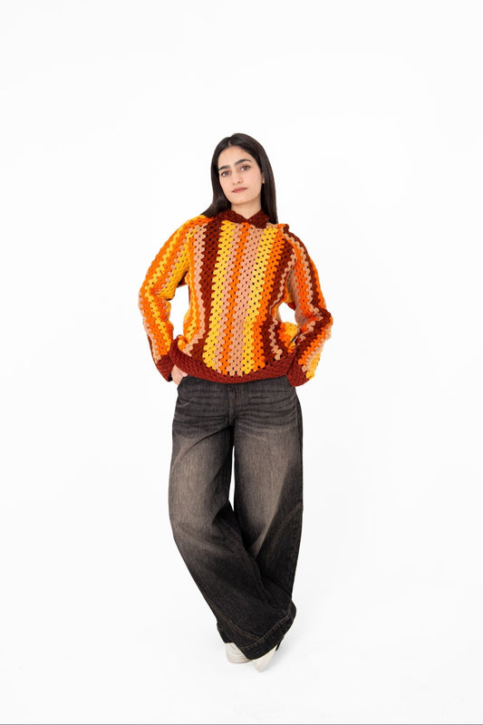 Hot Streak orange, yellow and rust striped handmade crochet top, front view – POSHERI Loop de Loop