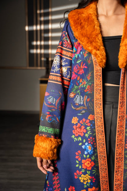 Jeans Poshak sleeve close-up showing floral print, ornamental stripes and orange fur cuff