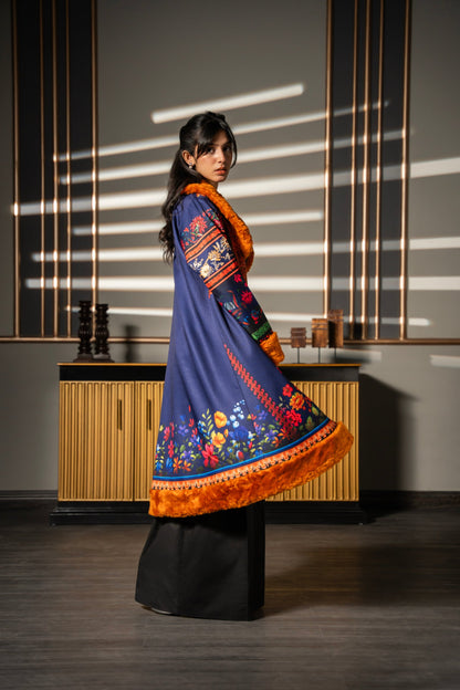 Jeans Poshak flared printed coat in motion, side view showing floral hem and orange fur trim