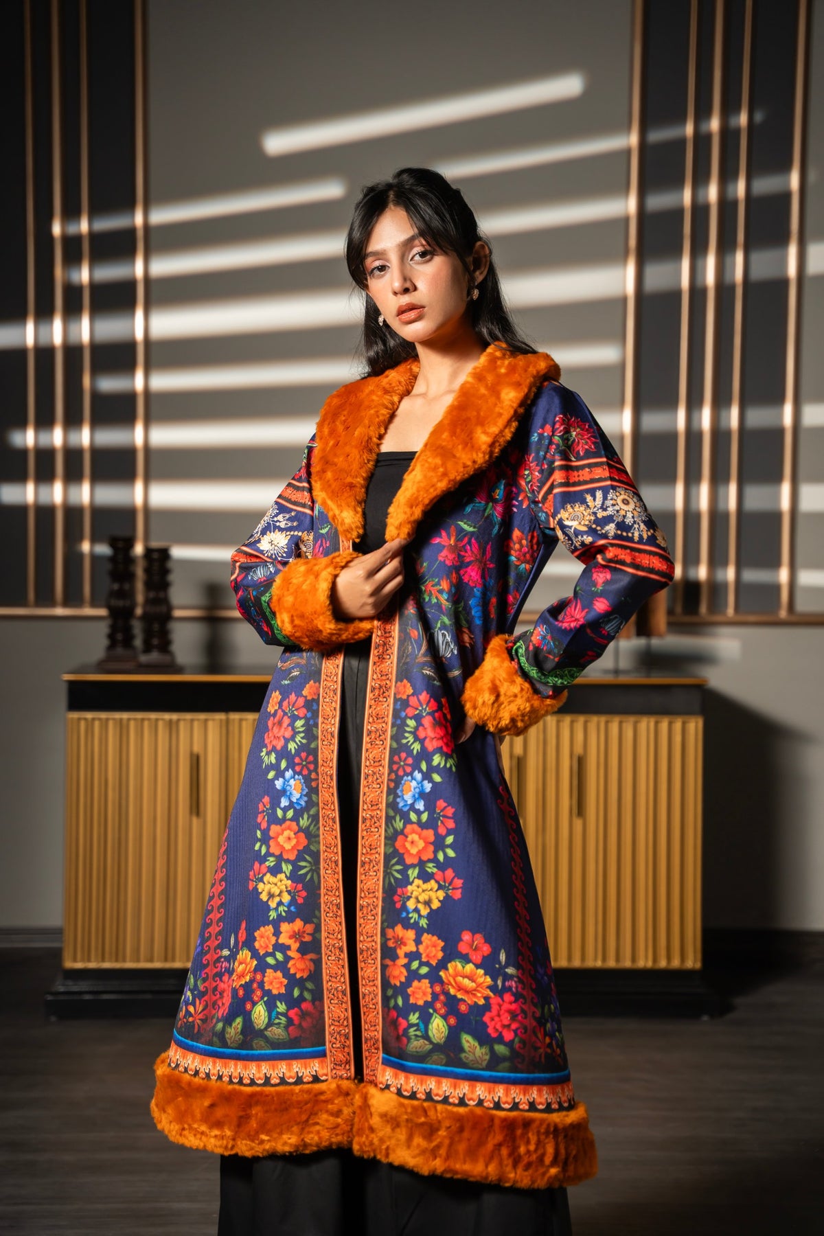 Jeans Poshak midnight-blue printed winter coat with burnt-orange fur-effect collar and cuffs, Hawa Hawai Winter Edit