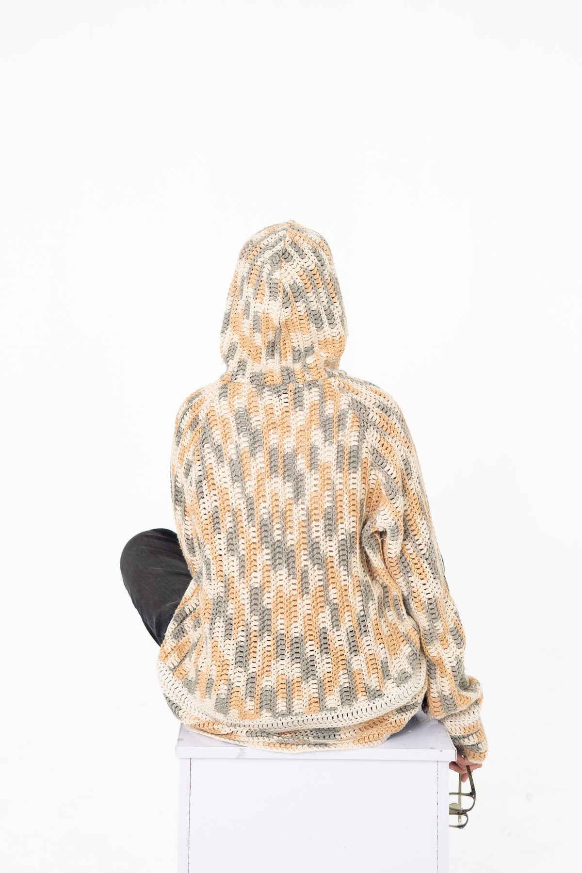 Latte Lines neutral crochet hoodie, back view with hood up – POSHERI Loop de Loop