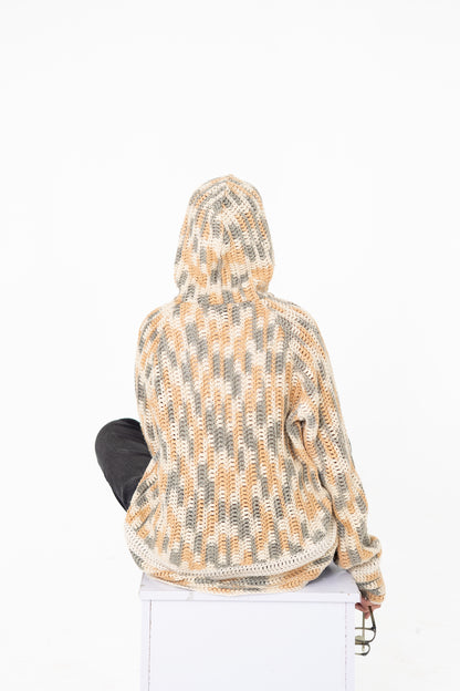 Latte Lines neutral crochet hoodie, back view with hood up – POSHERI Loop de Loop