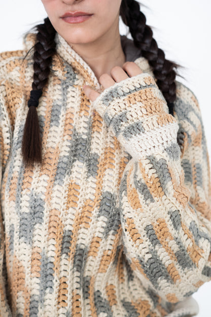 Close-up of Latte Lines handmade textured crochet in cream, warm beige and muted grey – POSHERI
