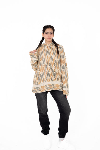 Latte Lines cream, beige and grey handmade crochet hoodie with banded hem, front view – POSHERI