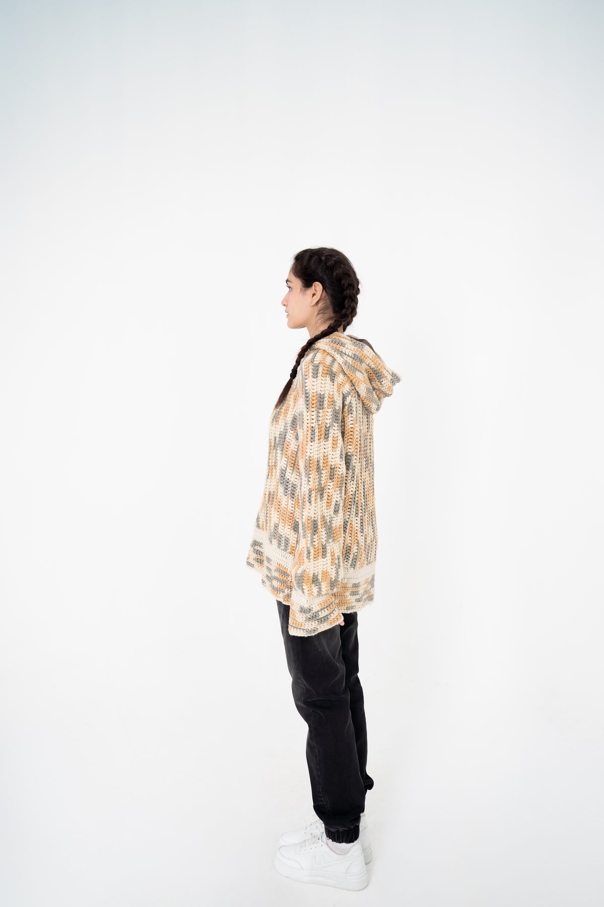 Latte Lines neutral multitone crochet hoodie, side view – POSHERI