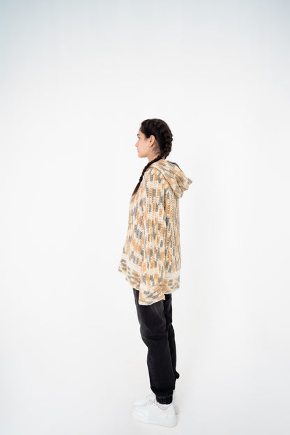 Latte Lines neutral multitone crochet hoodie, side view – POSHERI