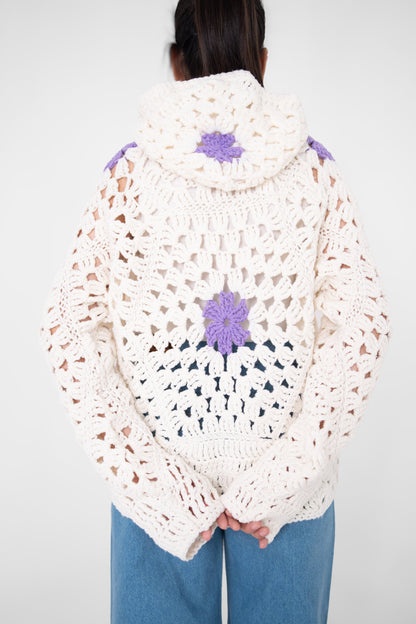 Lilac Cameo ivory crochet hoodie back view with lavender flowers on hood and back
