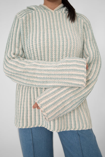 Mint Condition crochet hoodie front close-up showing pale mint and ivory vertical ribbed stripes