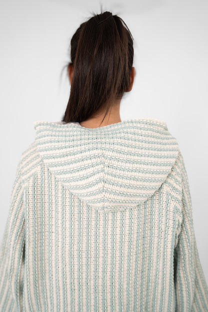 Mint Condition crochet hoodie back close-up of the striped hood