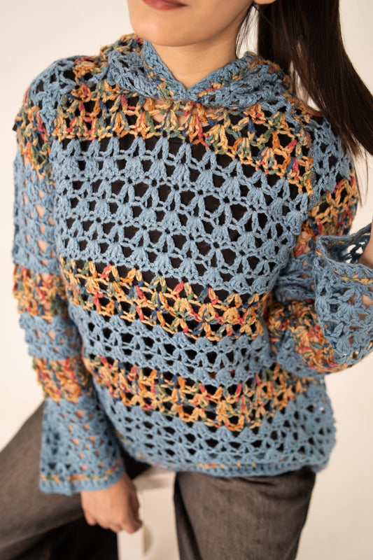 Mosaic Mood handmade dusty blue openwork crochet hoodie front close-up with multicolour yarn bands