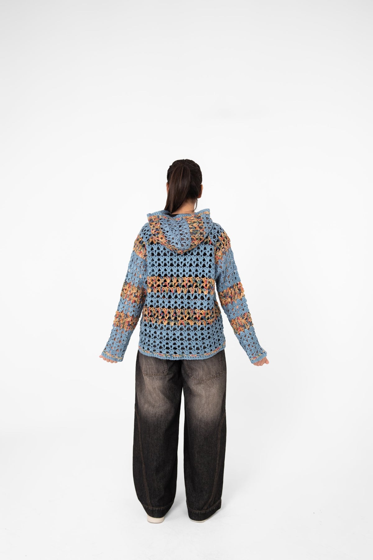 Mosaic Mood dusty blue crochet hoodie back view with hood and multicolour stripes