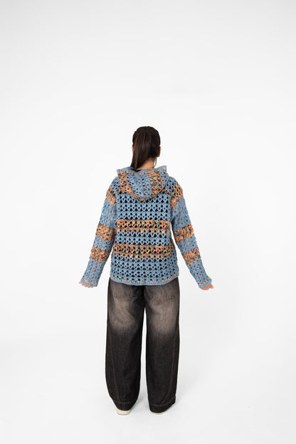 Mosaic Mood dusty blue crochet hoodie back view with hood and multicolour stripes