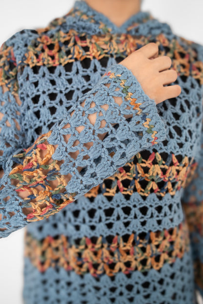 Mosaic Mood crochet hoodie stitch detail showing dusty blue and multicolour openwork sleeve