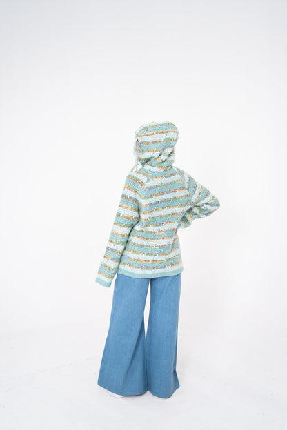 Pastel Static mint and cream crochet hoodie back view with hood up