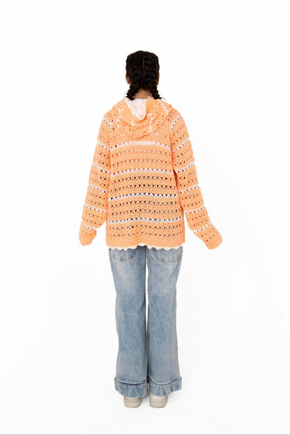 Peach Please peach openwork crochet hoodie, back view showing hood and scalloped hem – POSHERI Loop de Loop