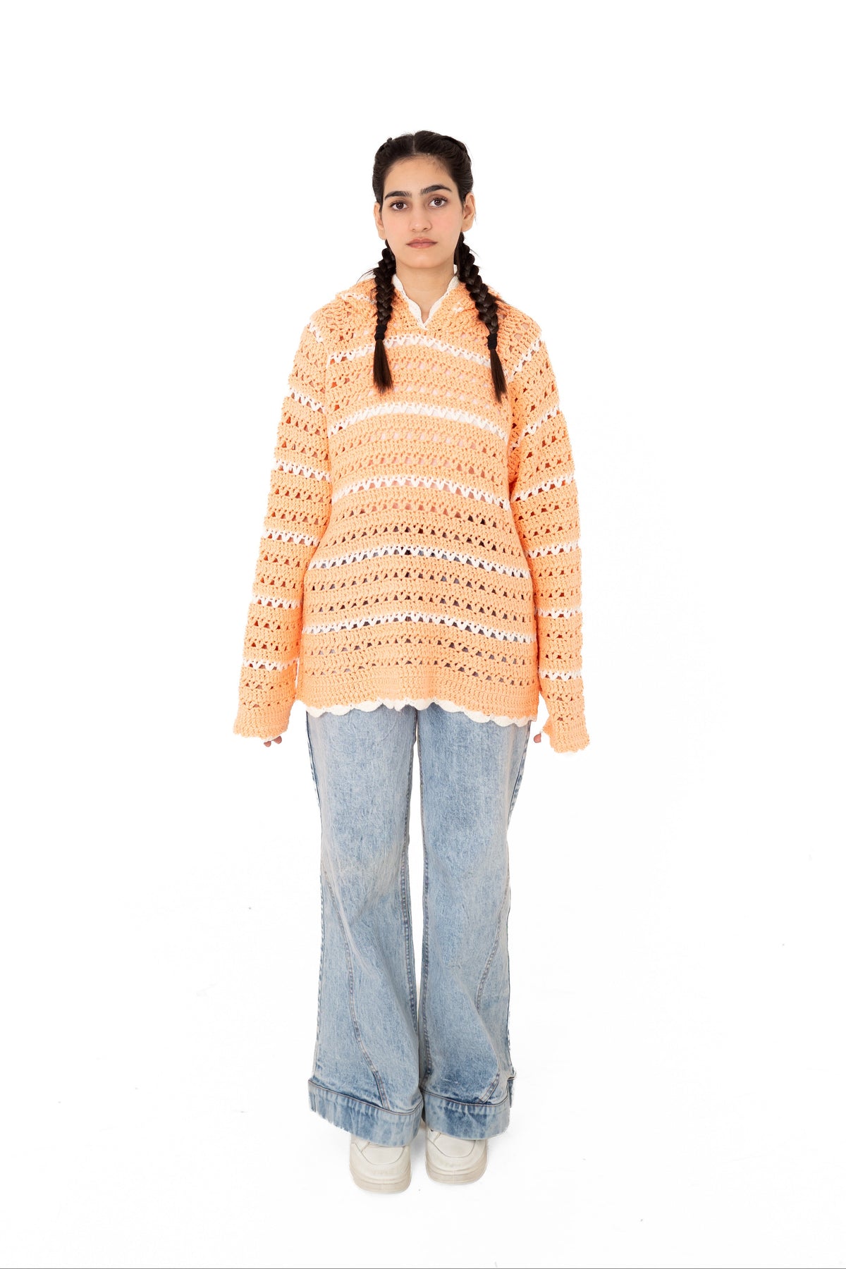 Peach Please soft peach and ivory striped openwork crochet hoodie, front view – POSHERI Loop de Loop
