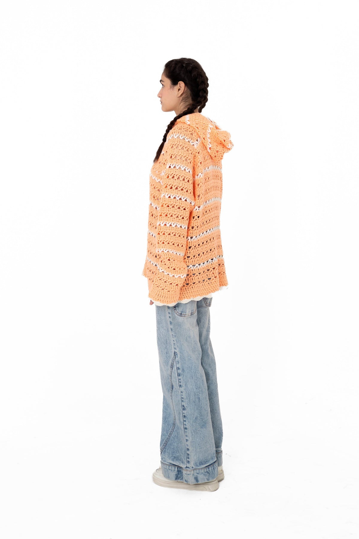 Peach Please peach openwork crochet hoodie, side view – POSHERI