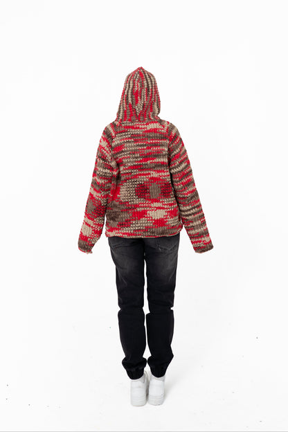 Red Signal red multitone crochet hoodie, back view with hood up – POSHERI Loop de Loop