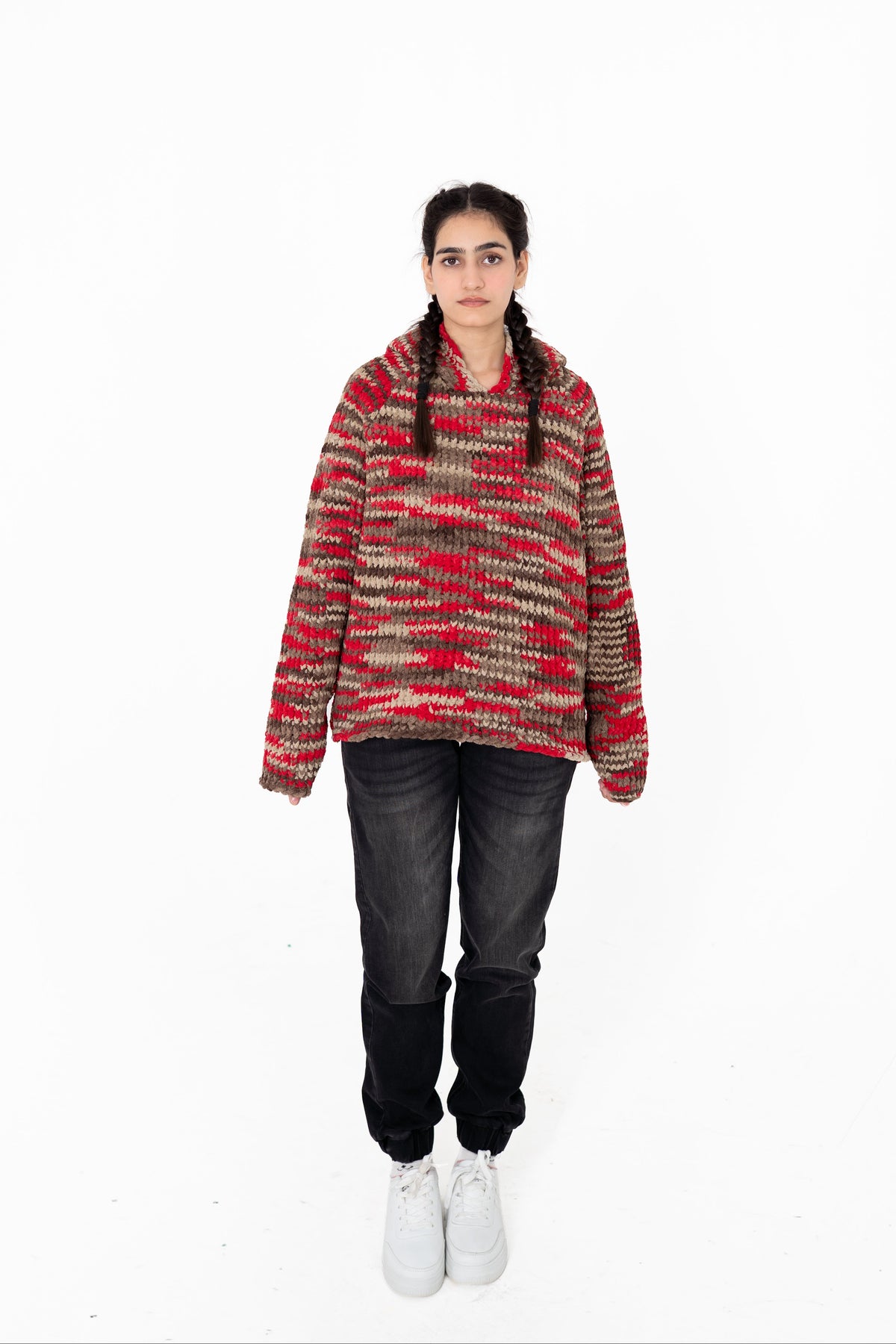 Red Signal red and earthy-tone handmade crochet hoodie, front view – POSHERI Loop de Loop