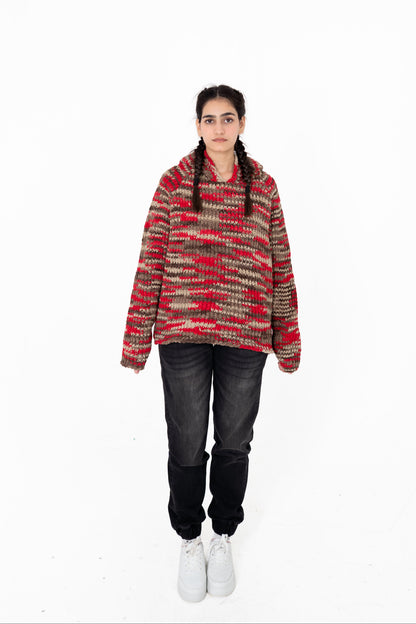 Red Signal red and earthy-tone handmade crochet hoodie, front view – POSHERI Loop de Loop