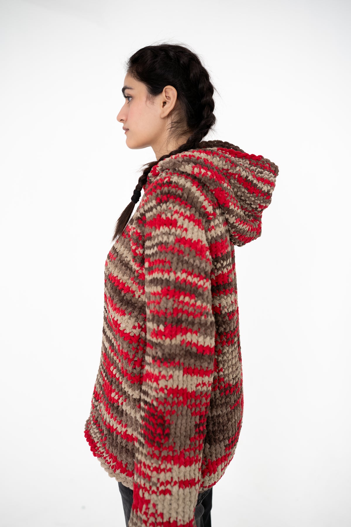 Red Signal red multitone crochet hoodie, side view showing hood – POSHERI