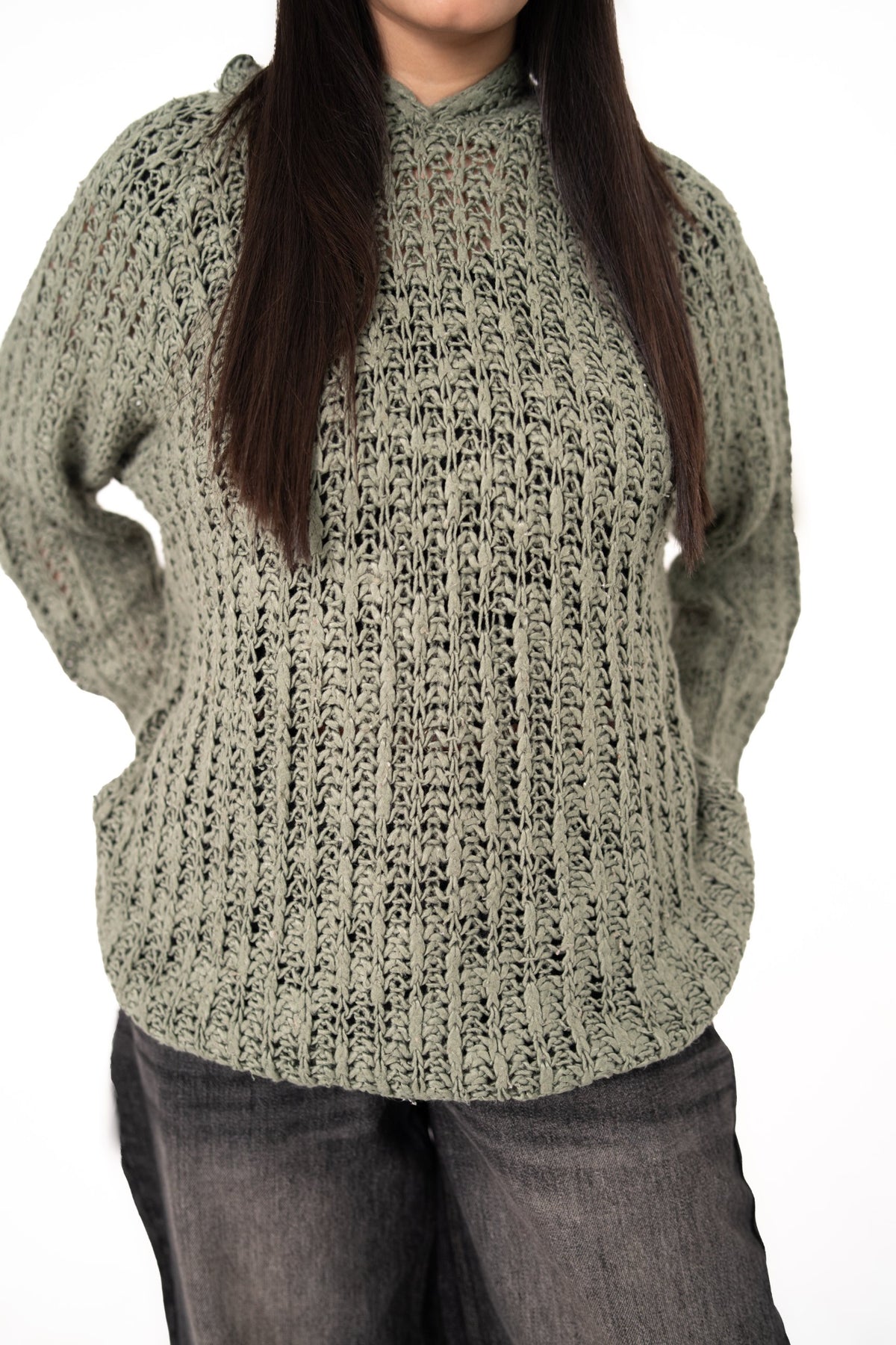 Sage Advice sage green openwork crochet hoodie front close-up with vertical stitch pattern